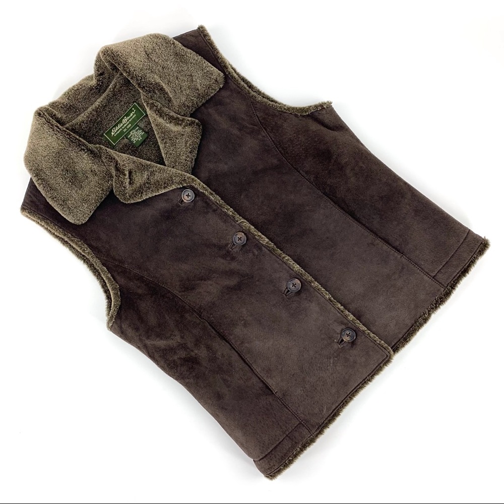 Eddie Bauer Brown Genuine Leather  Faux Fur Lined Vest, XS